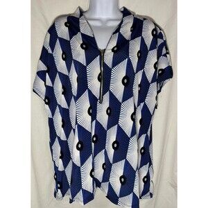 80 Park Avenue Women's Plus 2X Top Blue White Geometric Optical Art 1/4 Zip Tuni